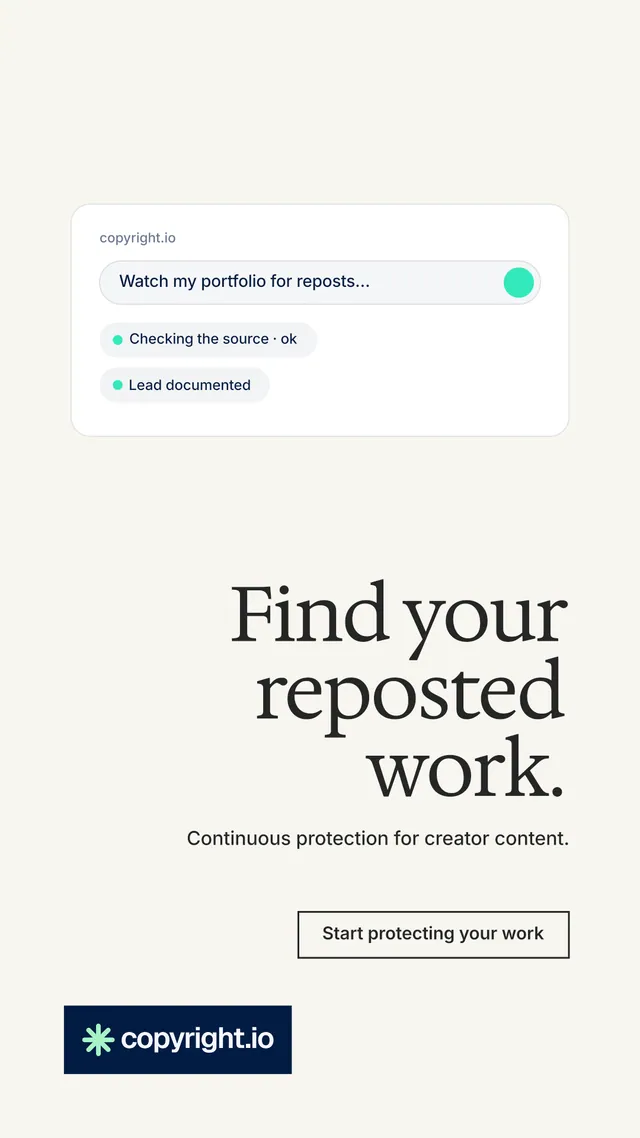 Instagram story for copyright.io: "Find your reposted work." Editorial style, right layout, light palette in white, grey.