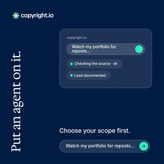 Instagram post for copyright.io: "Put an agent on it." Agentic glass style, vertical layout, dark palette in blue.