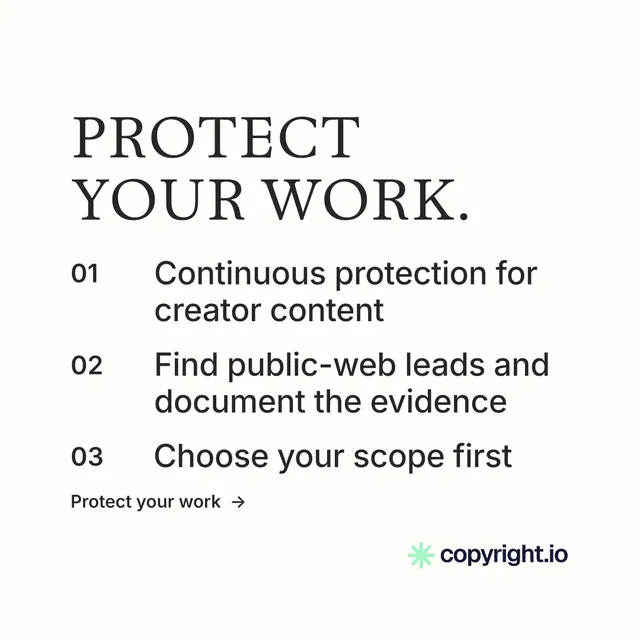 Instagram post for copyright.io: "Protect your work." Minimal luxury style, numbered layout, light palette in white, grey.