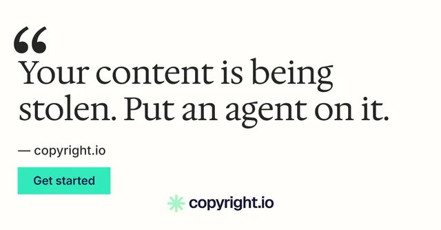 Social ad for copyright.io: "Your content is being stolen." Swiss style, quote layout, light palette in white, grey.