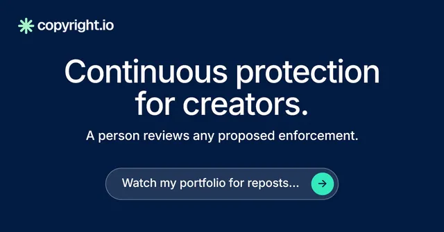 Social ad for copyright.io: "Continuous protection for creators." Agentic glass style, centred layout, dark palette in blue.