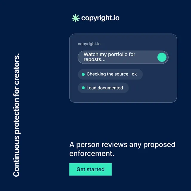 Instagram post for copyright.io: "Continuous protection for creators." Swiss style, vertical layout, dark palette in blue.