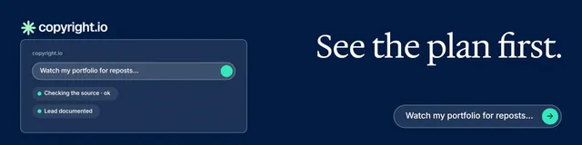 LinkedIn banner for copyright.io: "See the plan first." Agentic glass style, right layout, dark palette in blue.