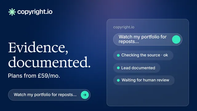 Landscape graphic for copyright.io: "Evidence, documented." Agentic glass style, bottom layout, dark palette in blue.