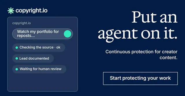 Social ad for copyright.io: "Put an agent on it." Editorial style, right layout, dark palette in blue.