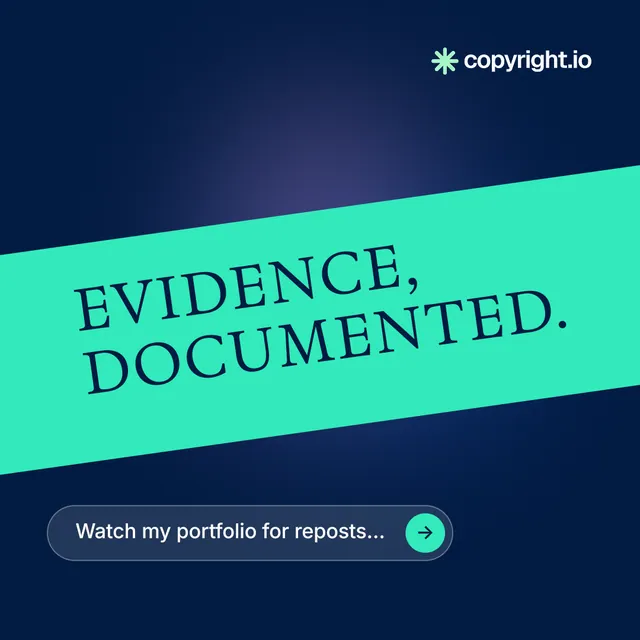 Instagram post for copyright.io: "Evidence, documented." Agentic glass style, diagonal layout, dark palette in teal, blue.