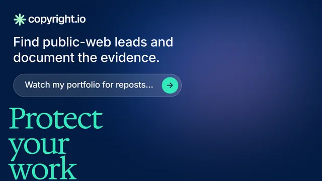 Landscape graphic for copyright.io: "See the plan first." Agentic glass style, oversized layout, dark palette in blue.