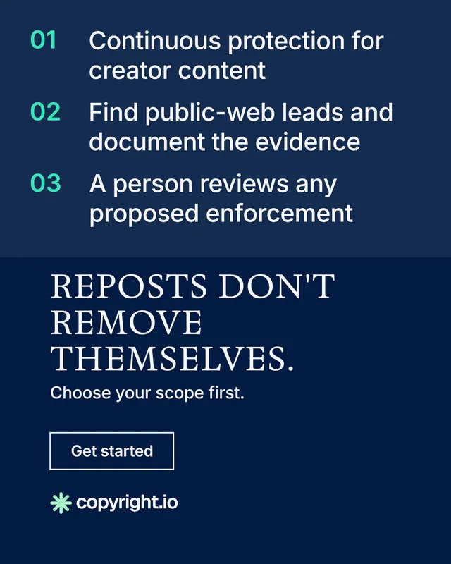 Instagram portrait post for copyright.io: "Reposts don't remove themselves." Editorial style, skeleton layout, dark palette in blue.