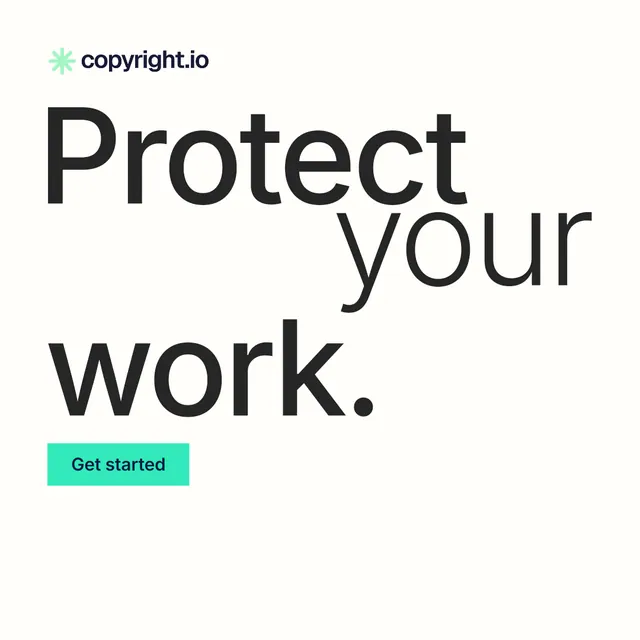 Instagram post for copyright.io: "Protect your work." Swiss style, stacked layout, light palette in white, grey.