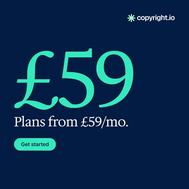 Instagram post for copyright.io: "See the plan first." Y2K style, stat layout, dark palette in blue, teal.