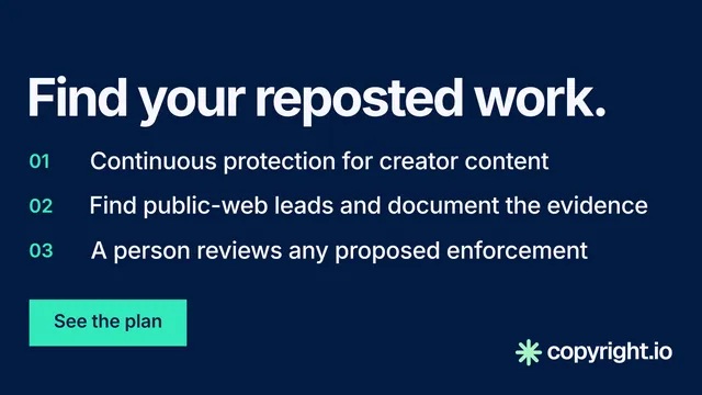 Landscape graphic for copyright.io: "Find your reposted work." Swiss style, numbered layout, dark palette in blue.