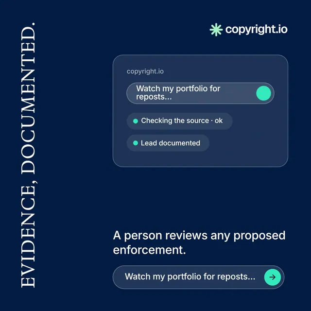 Instagram post for copyright.io: "Evidence, documented." Agentic glass style, vertical layout, dark palette in blue.