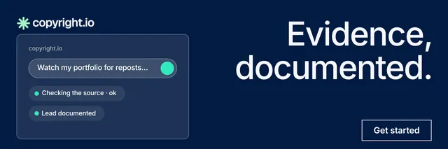 X header for copyright.io: "Evidence, documented." Editorial style, right layout, dark palette in blue.