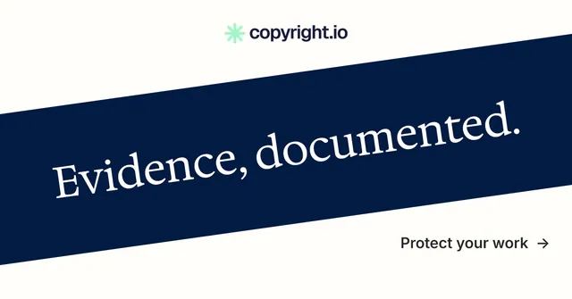 Social ad for copyright.io: "Evidence, documented." Minimal luxury style, diagonal layout, light palette in white, blue.
