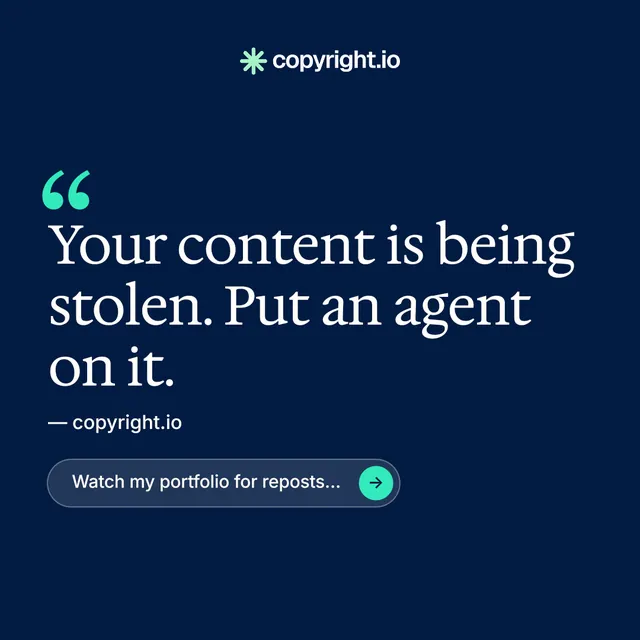 Instagram post for copyright.io: "Protect your work." Agentic glass style, quote layout, dark palette in blue.