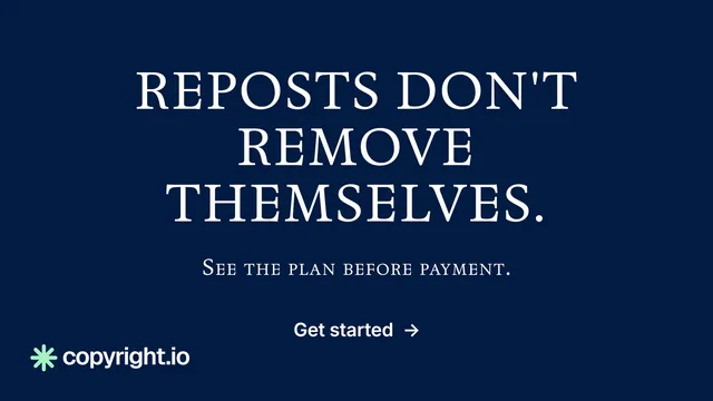 Landscape graphic for copyright.io: "Reposts don't remove themselves." Agentic glass style, smallcaps layout, dark palette in blue.