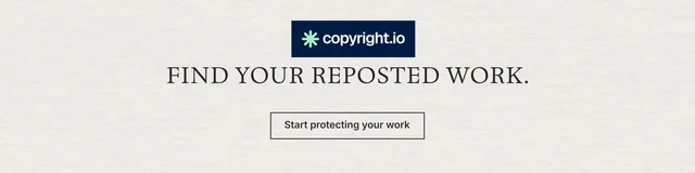 LinkedIn banner for copyright.io: "Find your reposted work." Editorial style, centred layout, light palette in white, grey.