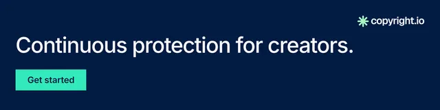LinkedIn banner for copyright.io: "Continuous protection for creators." Swiss style, skeleton layout, dark palette in blue, teal.