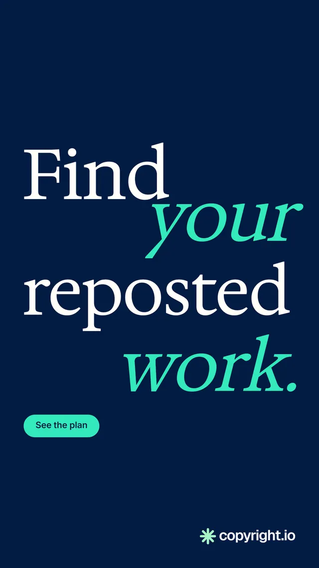 Instagram story for copyright.io: "Find your reposted work." Y2K style, stacked layout, dark palette in blue.