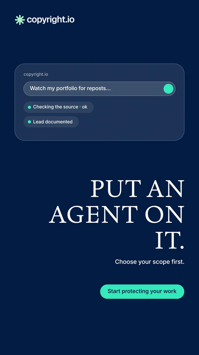 Instagram story for copyright.io: "Put an agent on it." Y2K style, right layout, dark palette in blue.