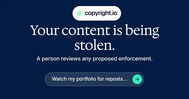 Social ad for copyright.io: "Your content is being stolen." Agentic glass style, centred layout, dark palette in blue.