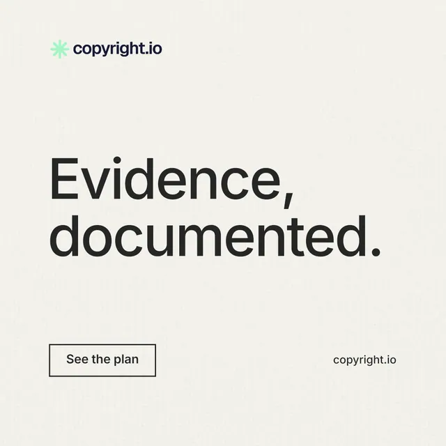 Instagram post for copyright.io: "Evidence, documented." Editorial style, poster layout, light palette in white.