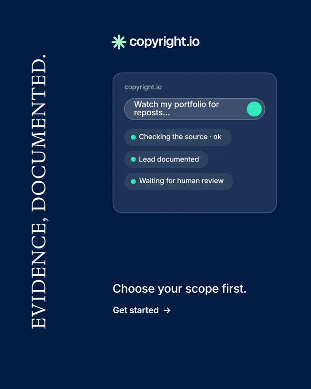 Instagram portrait post for copyright.io: "Evidence, documented." Minimal luxury style, vertical layout, dark palette in blue.