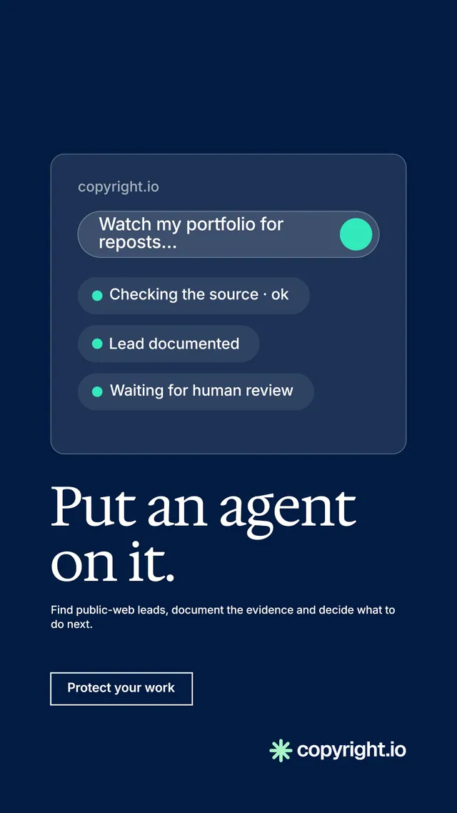 Instagram story for copyright.io: "Put an agent on it." Editorial style, bottom layout, dark palette in blue.