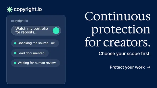 Landscape graphic for copyright.io: "Continuous protection for creators." Minimal luxury style, right layout, dark palette in blue.