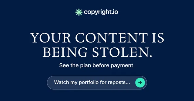 Social ad for copyright.io: "Your content is being stolen." Agentic glass style, skeleton layout, dark palette in blue.
