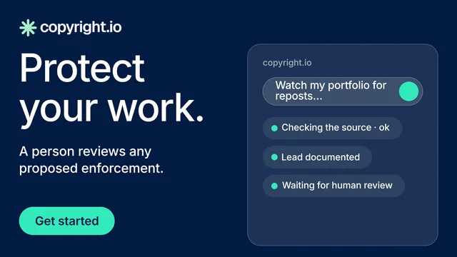 Landscape graphic for copyright.io: "Protect your work." Y2K style, bottom layout, dark palette in blue.