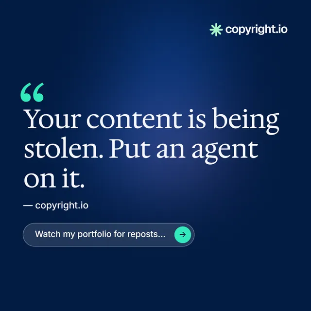Instagram post for copyright.io: "Find your reposted work." Agentic glass style, quote layout, dark palette in blue.