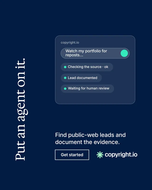 Instagram portrait post for copyright.io: "Put an agent on it." Editorial style, vertical layout, dark palette in blue.