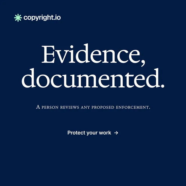 Instagram post for copyright.io: "Evidence, documented." Agentic glass style, smallcaps layout, dark palette in blue.