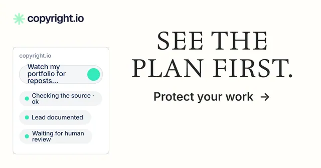 Social ad for copyright.io: "See the plan first." Minimal luxury style, skeleton layout, light palette in white.