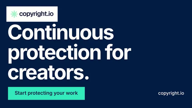 Landscape graphic for copyright.io: "Continuous protection for creators." Swiss style, poster layout, dark palette in blue, teal.