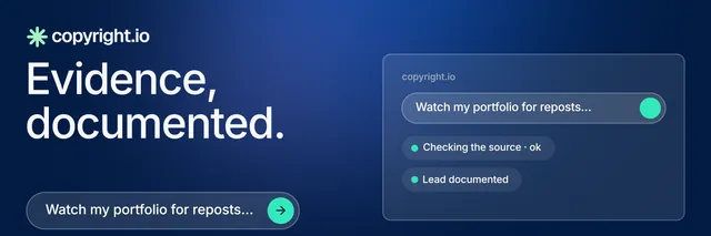 X header for copyright.io: "Evidence, documented." Agentic glass style, bottom layout, dark palette in blue.