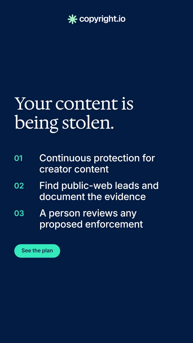 Instagram story for copyright.io: "Your content is being stolen." Y2K style, numbered layout, dark palette in blue.