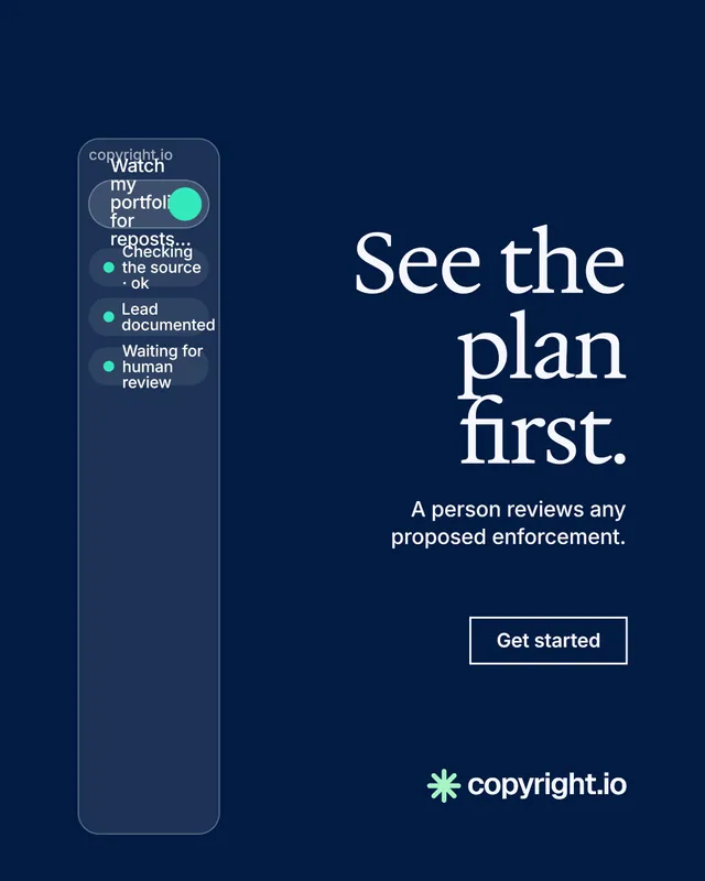 Instagram portrait post for copyright.io: "See the plan first." Editorial style, right layout, dark palette in blue.