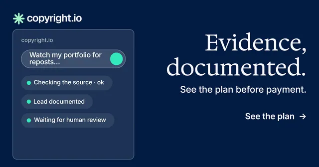 Social ad for copyright.io: "Evidence, documented." Minimal luxury style, right layout, dark palette in blue.