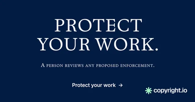 Social ad for copyright.io: "Protect your work." Split block style, smallcaps layout, dark palette in blue.
