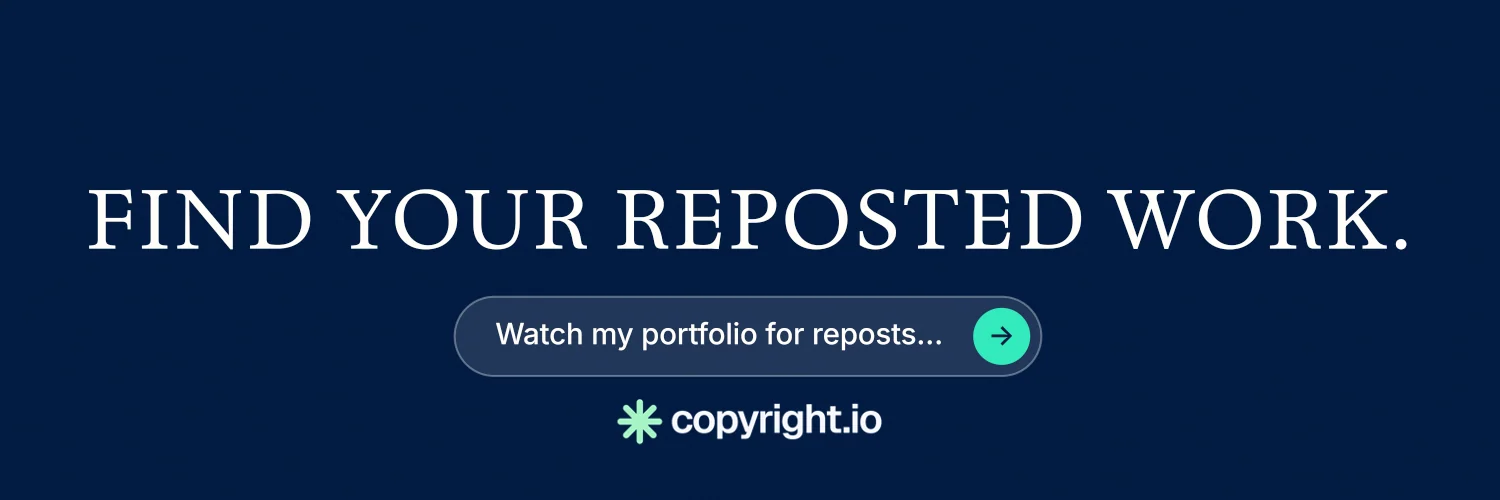 X header for copyright.io: "Find your reposted work." Agentic glass style, skeleton layout, dark palette in blue.