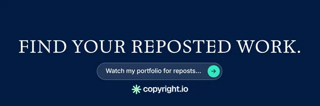 X header for copyright.io: "Find your reposted work." Agentic glass style, skeleton layout, dark palette in blue.