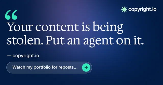 Social ad for copyright.io: "Protect your work." Agentic glass style, quote layout, dark palette in blue.