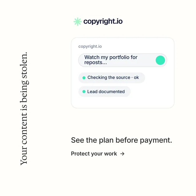 Instagram post for copyright.io: "Your content is being stolen." Minimal luxury style, vertical layout, light palette in white.