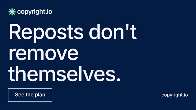 Landscape graphic for copyright.io: "Reposts don't remove themselves." Editorial style, poster layout, dark palette in blue.