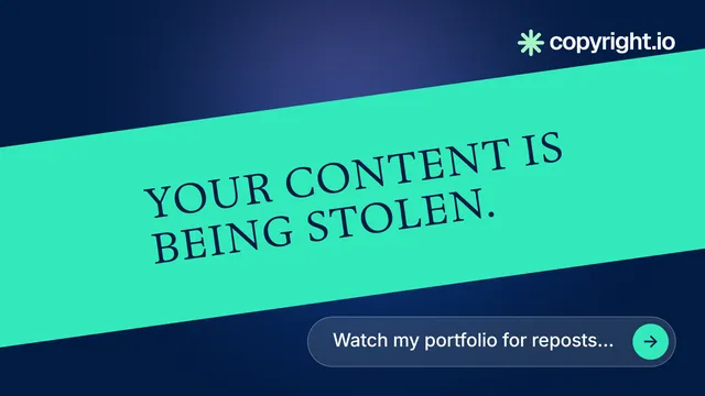 Landscape graphic for copyright.io: "Your content is being stolen." Agentic glass style, diagonal layout, light palette in teal, blue.
