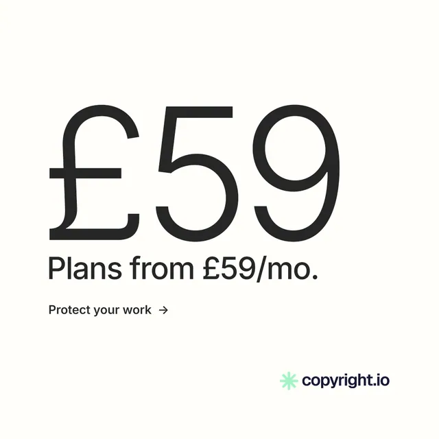 Instagram post for copyright.io: "See the plan first." Minimal luxury style, stat layout, light palette in white, grey.
