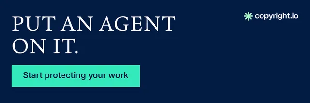 X header for copyright.io: "Put an agent on it." Split block style, skeleton layout, dark palette in blue, teal.