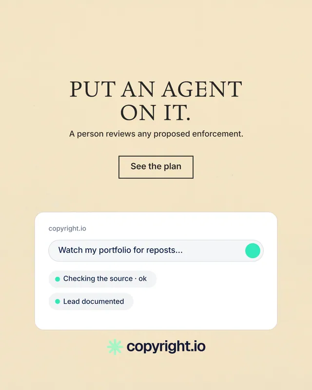 Instagram portrait post for copyright.io: "Put an agent on it." Editorial style, centred layout, light palette in orange, yellow, white.